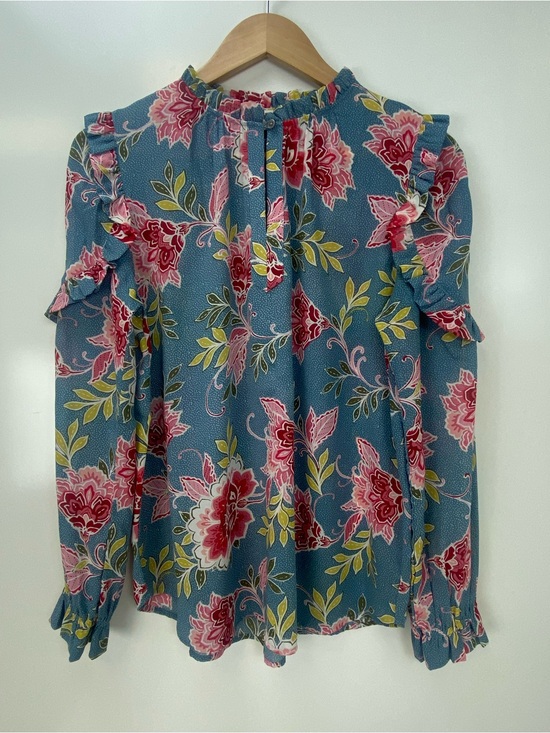 LOFT Tops - LOFT Teal Floral Ruffle-Shoulder Blouse with Pink Blooms
